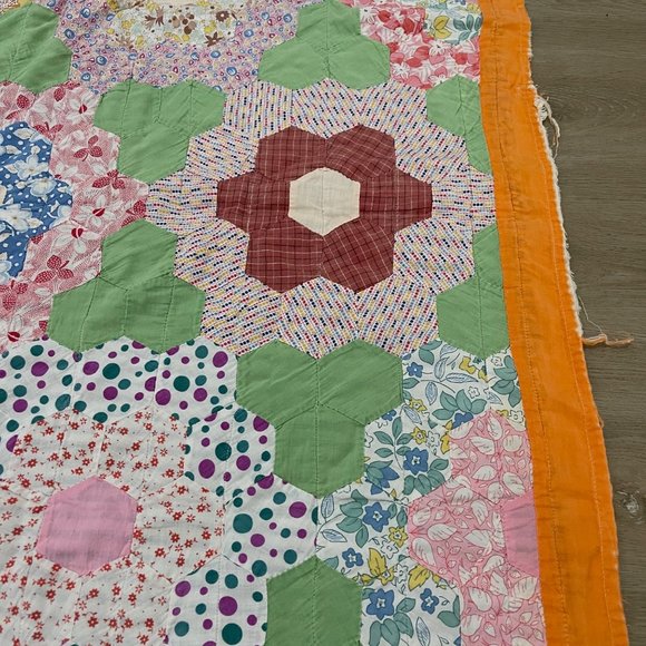 Vintage Flower Garden Quilt 77x59 Green Background Orange Border Victor - Picture 6 of 11